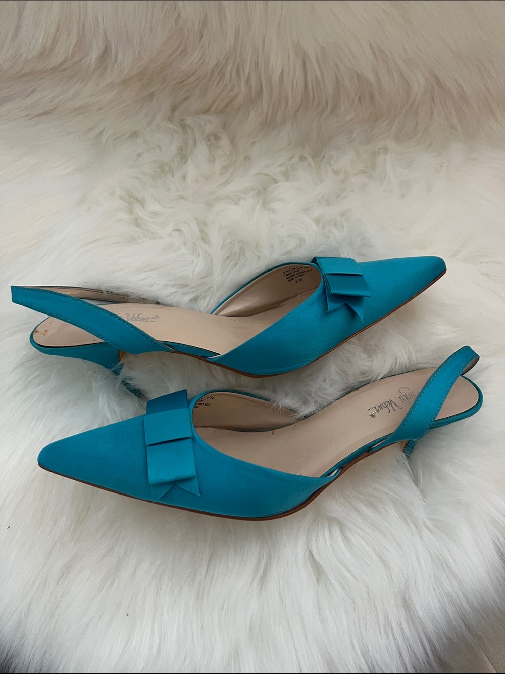 Midnight Velvet Turquoise Pointed-Toe Slingback Heels with Bow - Picture 2 of 3